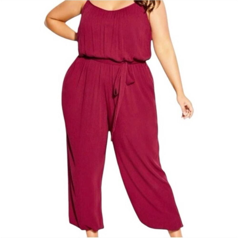 City Chic Jumpsuit Villa Capri Rhubarb Berry Plus 16 0XL Pockets No Belt NWT